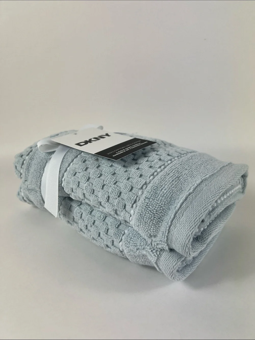 DKNY Bath Hand Towels Light Blue Textured Plush Soft Cotton Quick Dry 2 Pc NEW